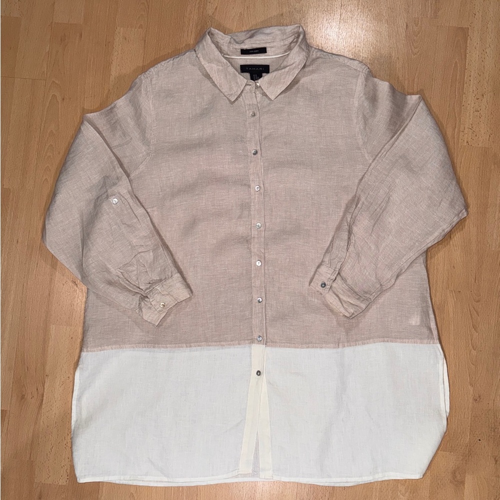 Tahari Two-Tone Linen Button up Tunic